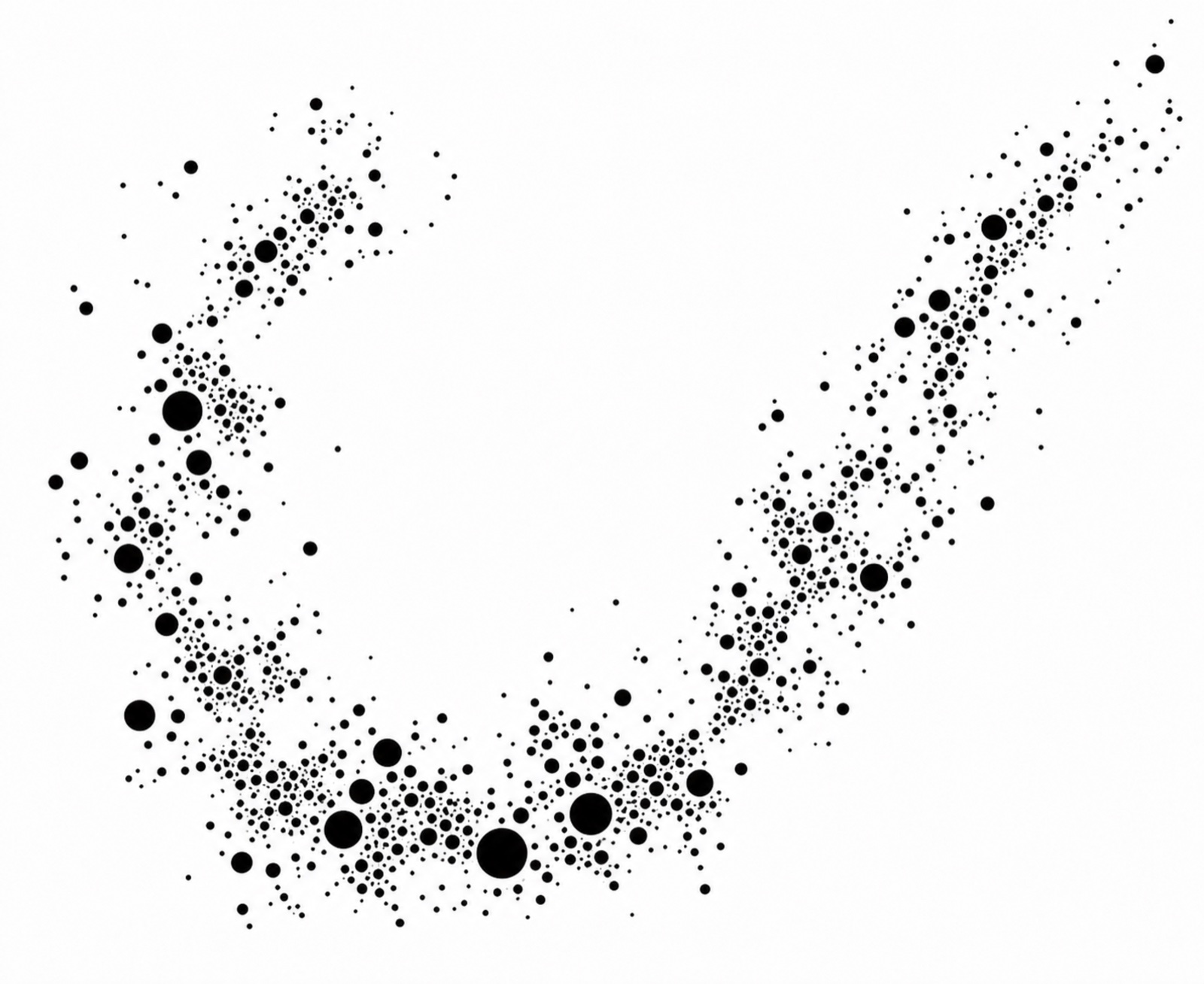 The Slingshot trajectory redrawn as a field of black nodes, dense at the turn and scattering at the exit