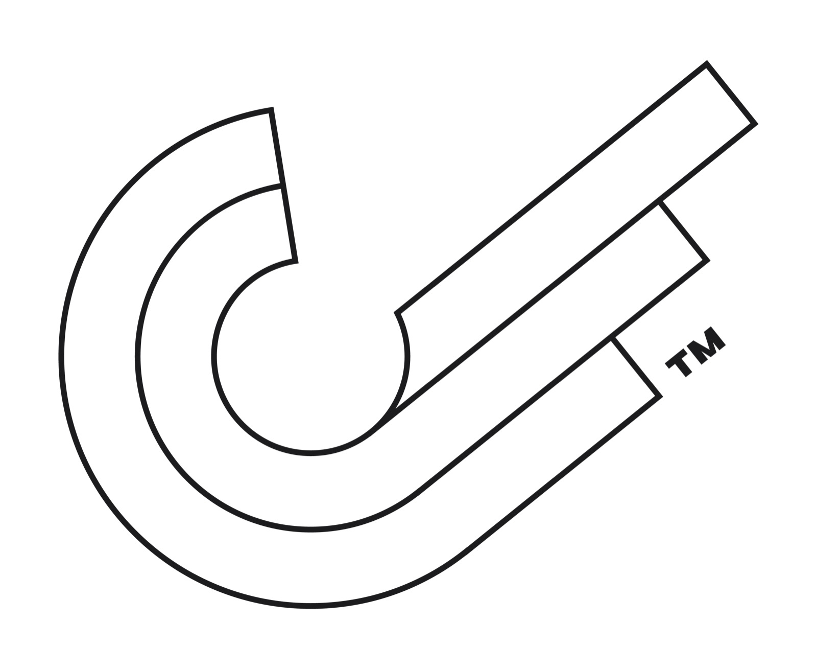 Slingshot mark drawn as a dark keyline outline only, for light surfaces