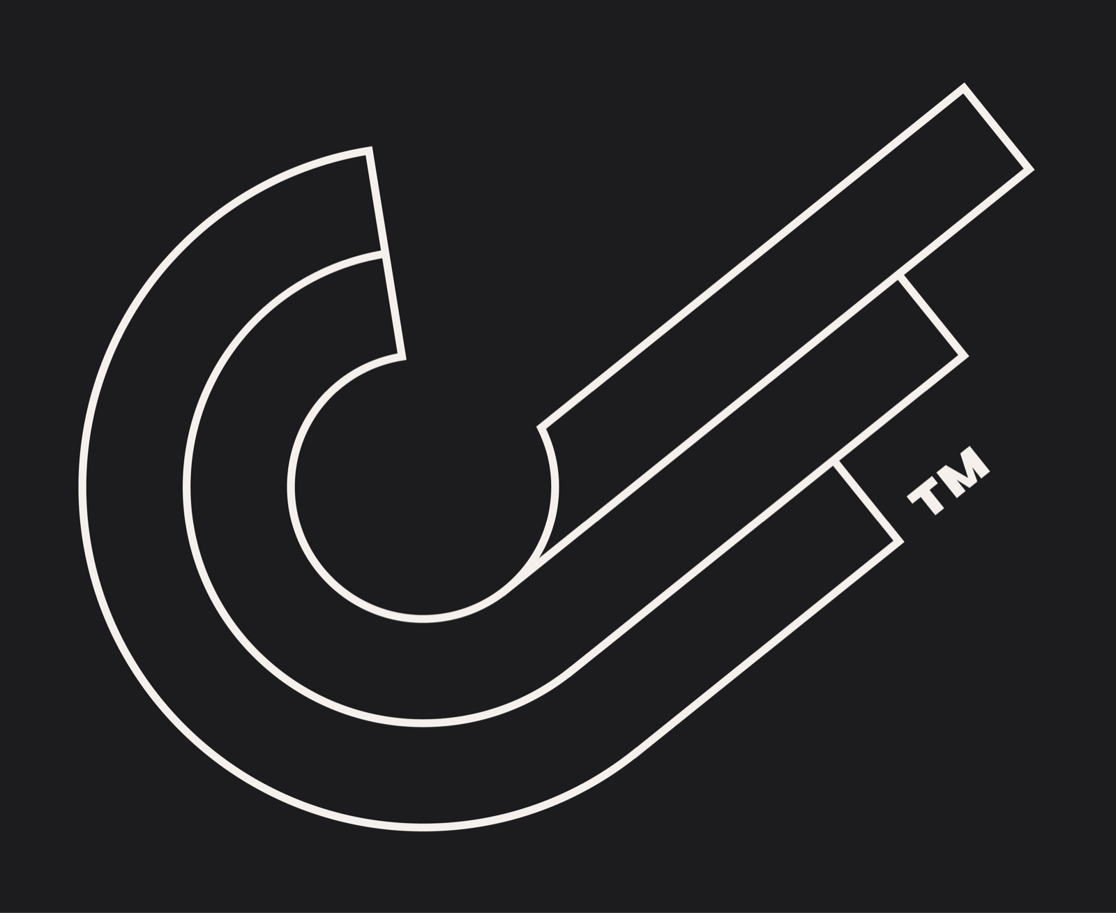 Slingshot mark drawn as a light keyline outline only, on a dark ground