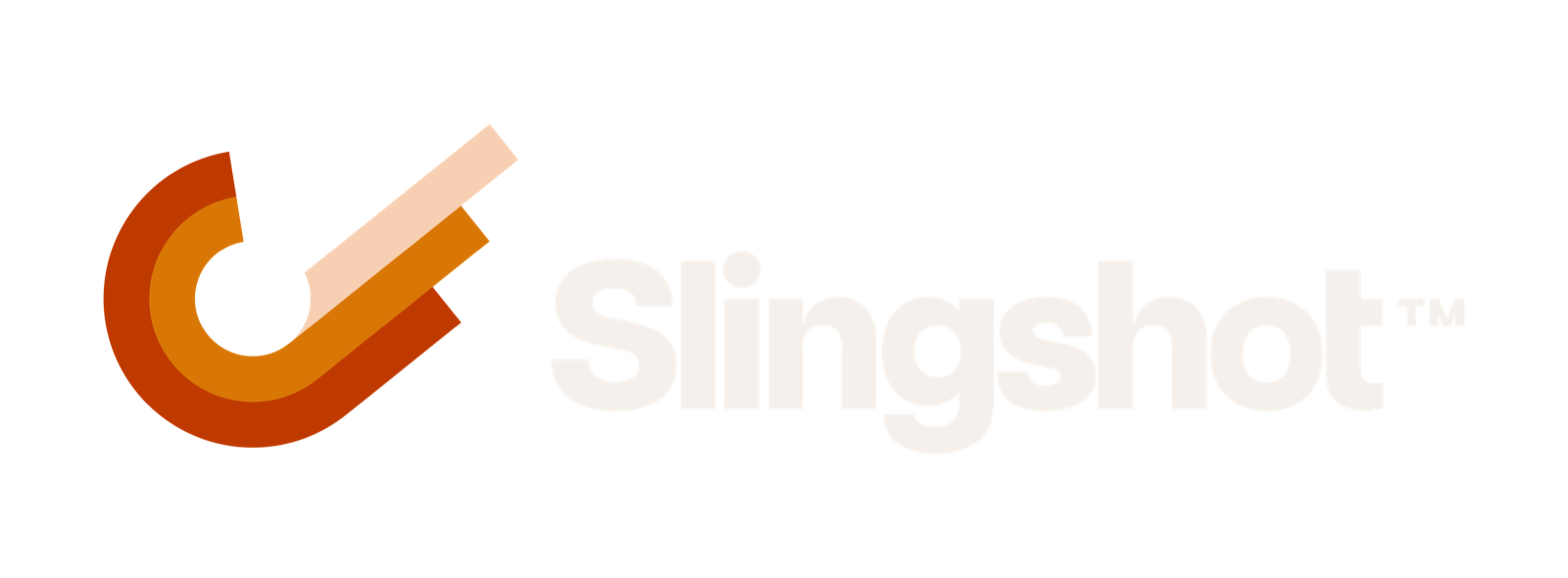 Slingshot secondary ID negative: the mark at left beside a Warm Stone wordmark, for dark surfaces