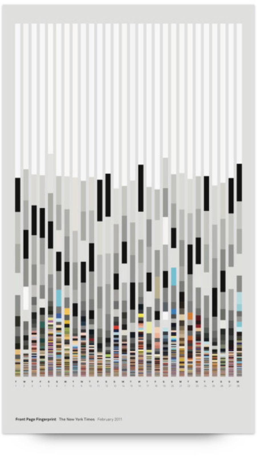 Reference: a data poster of fine vertical bars in grays and scattered color, dense but elegant